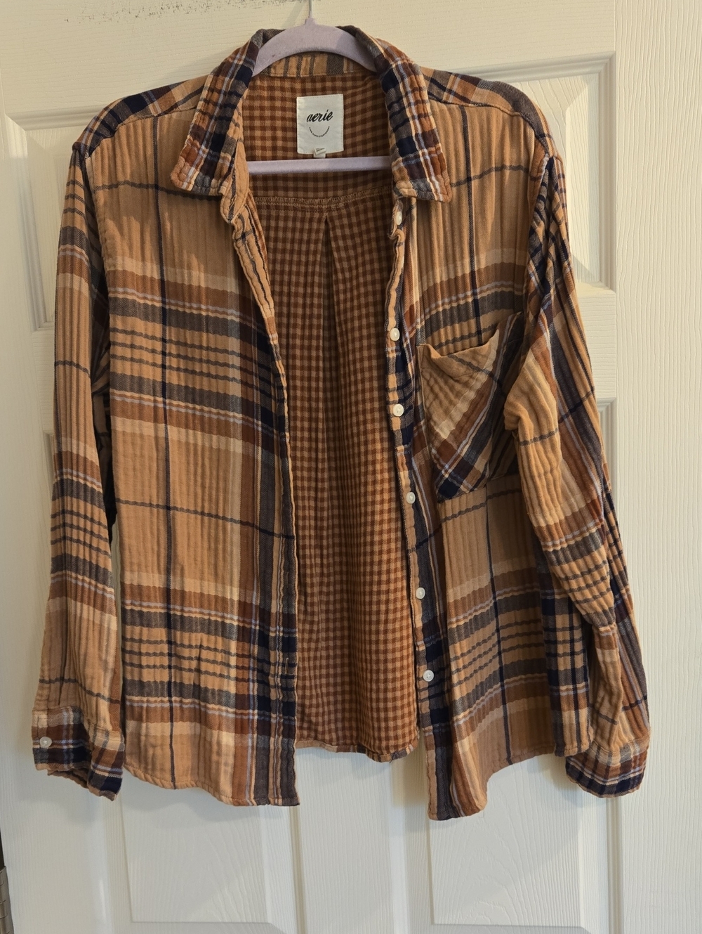 Aerie Plaid Button-Up Shirt  Camel & Navy Large